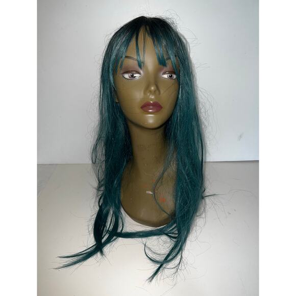 Long Ombre Straight Free Parting Synthetic Wig Two Tone Mix teal Green black NWT - Picture 3 of 12